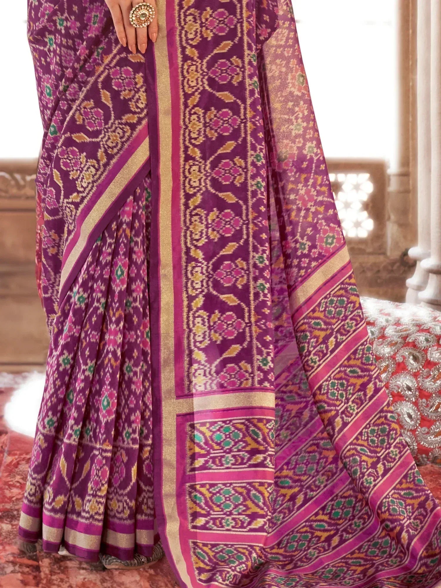 Purple floral ikat saree with gold border, Indian ethnic wear for women