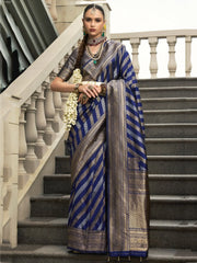 Fascinating Navy Blue Zari Weaving Silk Wedding Saree With Blouse