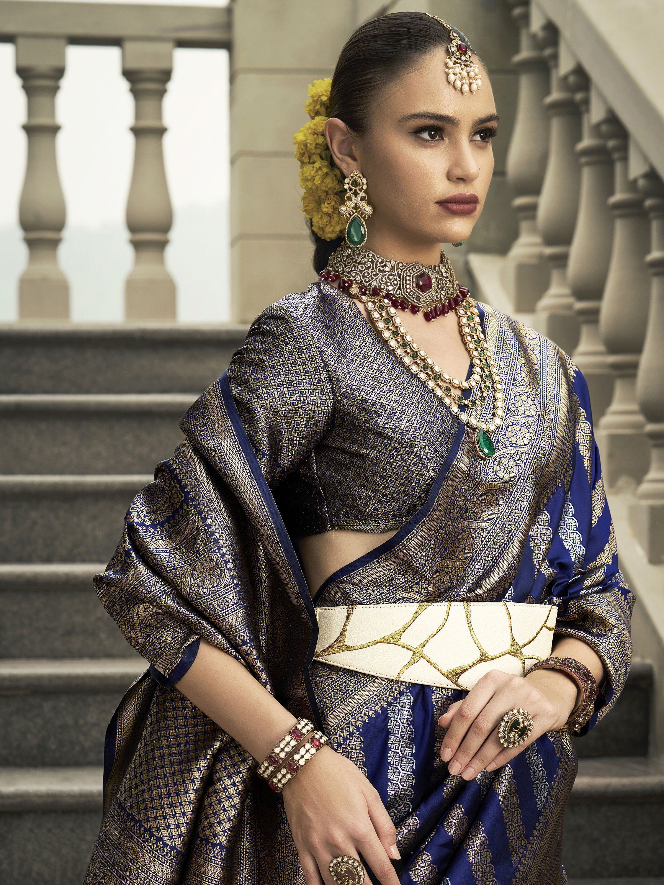 Fascinating Navy Blue Zari Weaving Silk Wedding Saree With Blouse