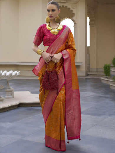 Captivating Orange Zari Weaving Banarasi Silk Event Wear Saree