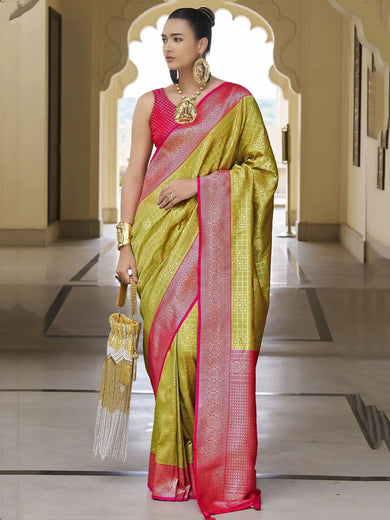 Enchanting Mustard Yellow Zari Weaving Banarasi Silk Traditional Saree