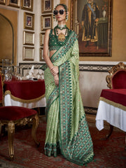 Pretty Pista Green Printed Silk Event Wear Saree With Blouse