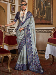 Alluring Blue Printed Silk Festival Wear Saree With Blouse