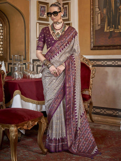 Entrancing Grey Printed Silk Function Wear Saree With Blouse
