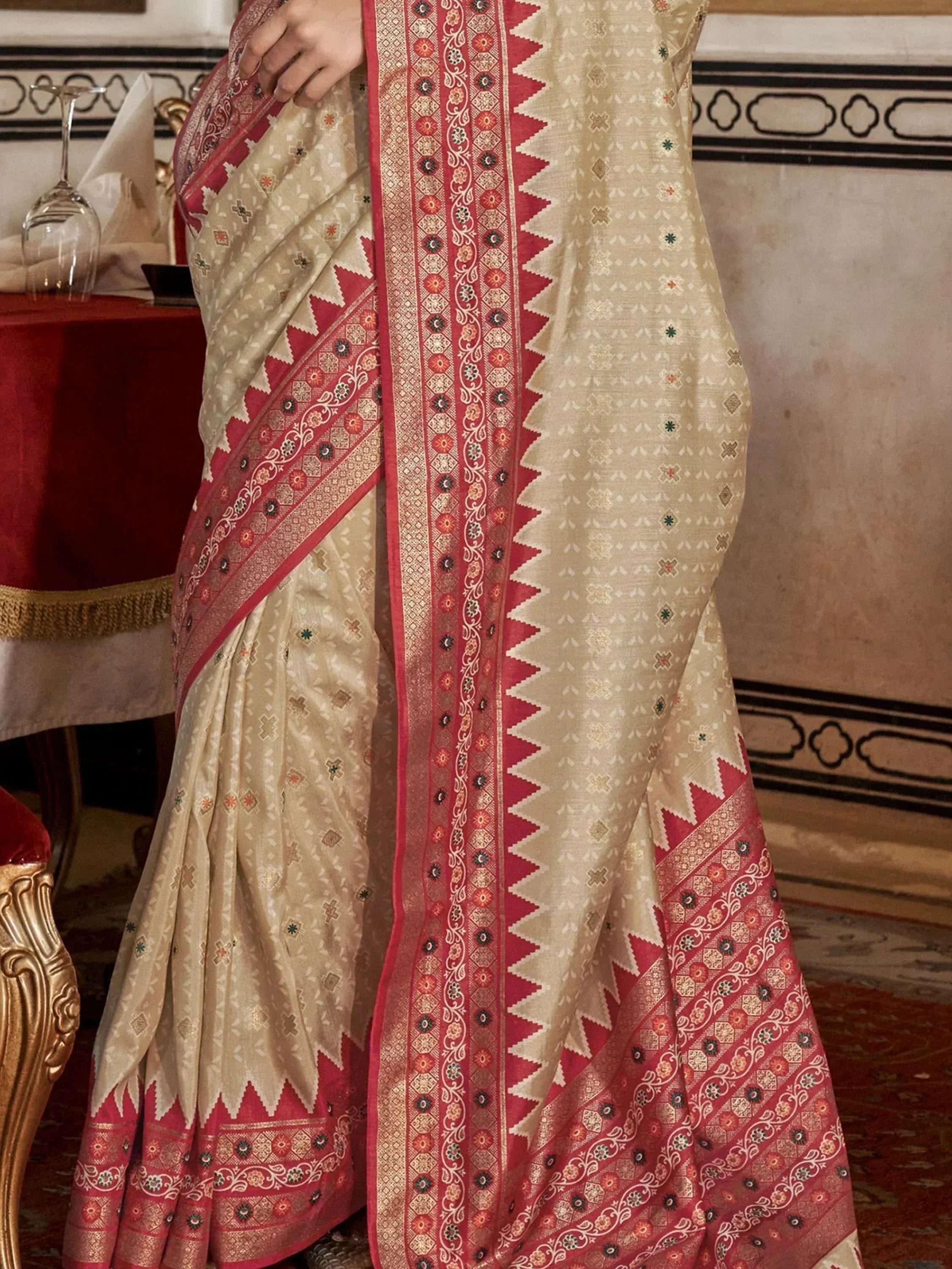 Sensual Beige Printed Silk Function Wear Saree With Blouse