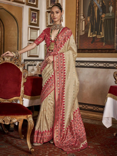 Sensual Beige Printed Silk Function Wear Saree With Blouse