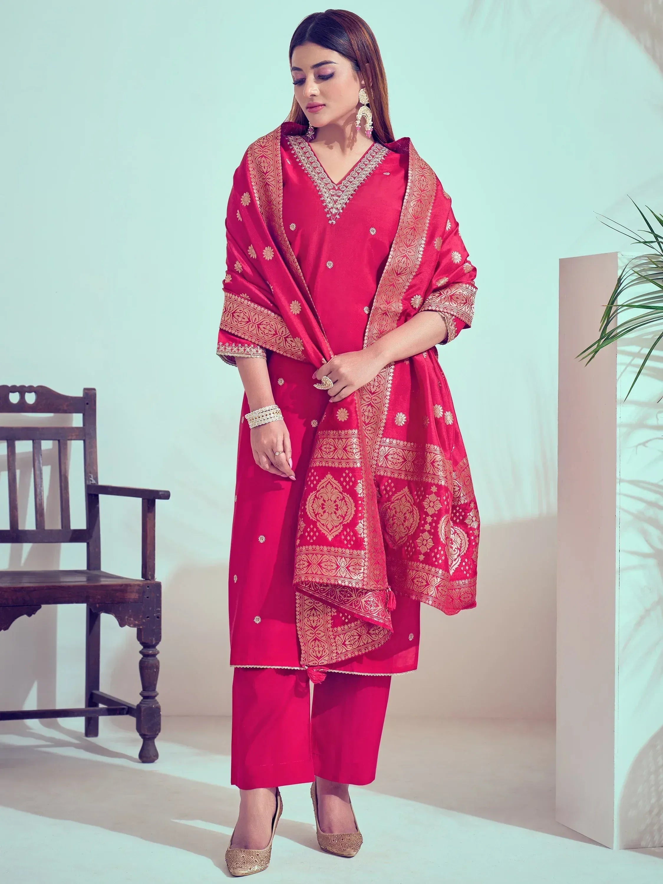 Red ethnic salwar kameez with gold embroidery and matching dupatta, stylish Indian wear for women