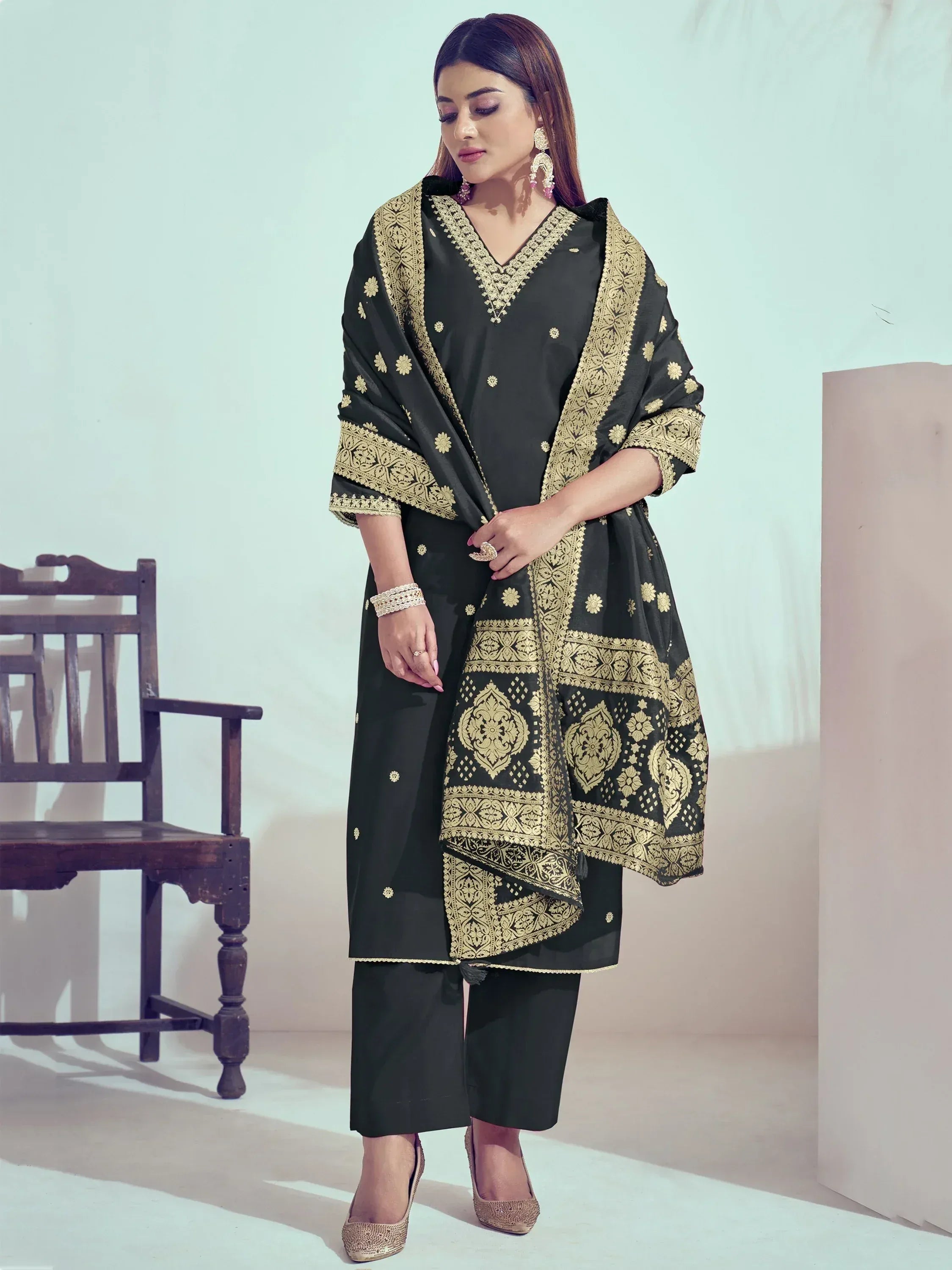 Black and gold embroidered salwar kameez with matching dupatta, ethnic Indian wear for women