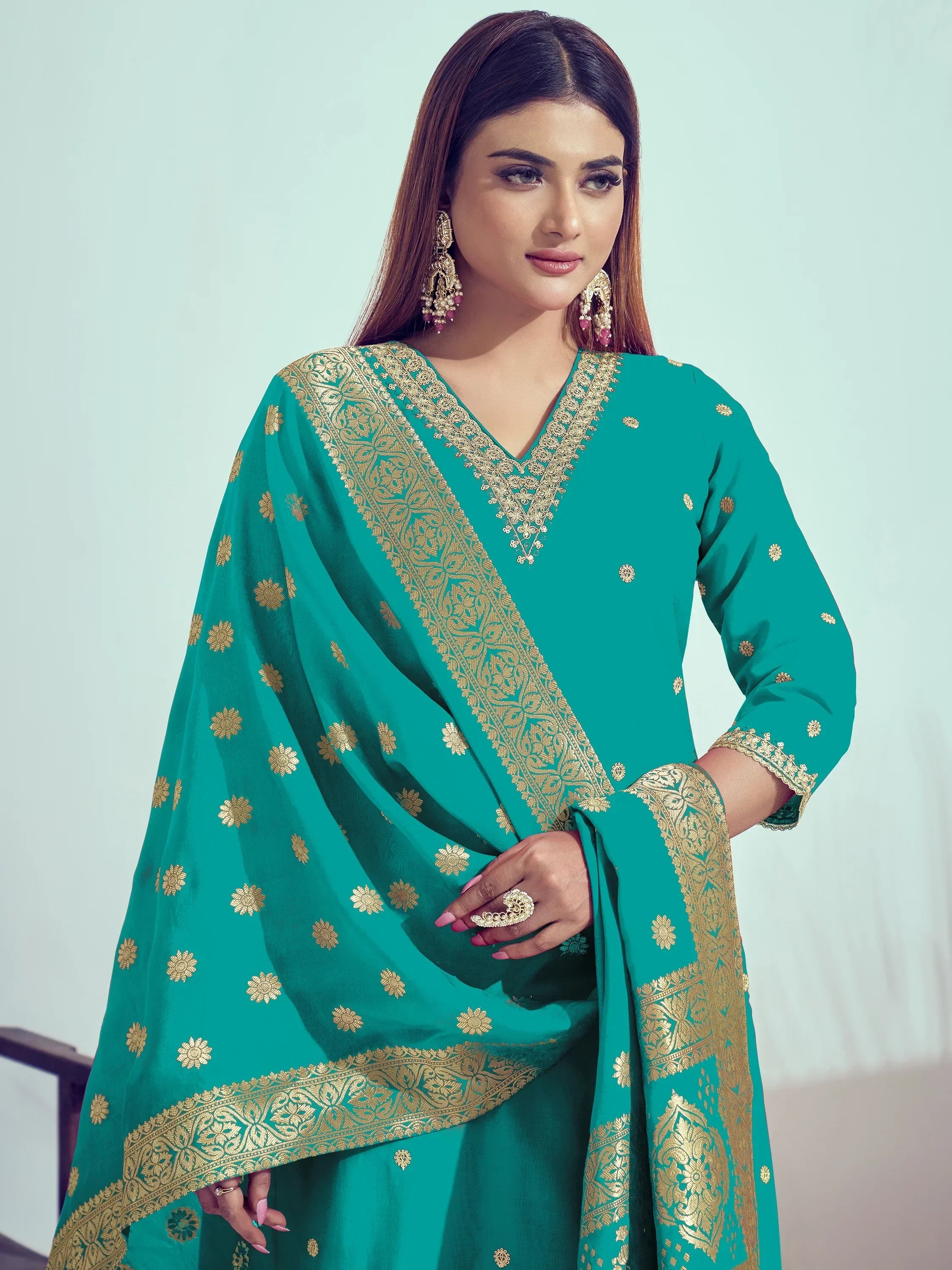 Attractive Sky-Blue Embroidered Silk Traditional Pant Suit With Dupatta