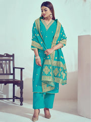 Attractive Sky-Blue Embroidered Silk Traditional Pant Suit With Dupatta