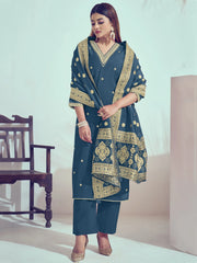 Alluring Dusty Blue Embroidered Silk Festival Wear Pant Suit With Dupatta