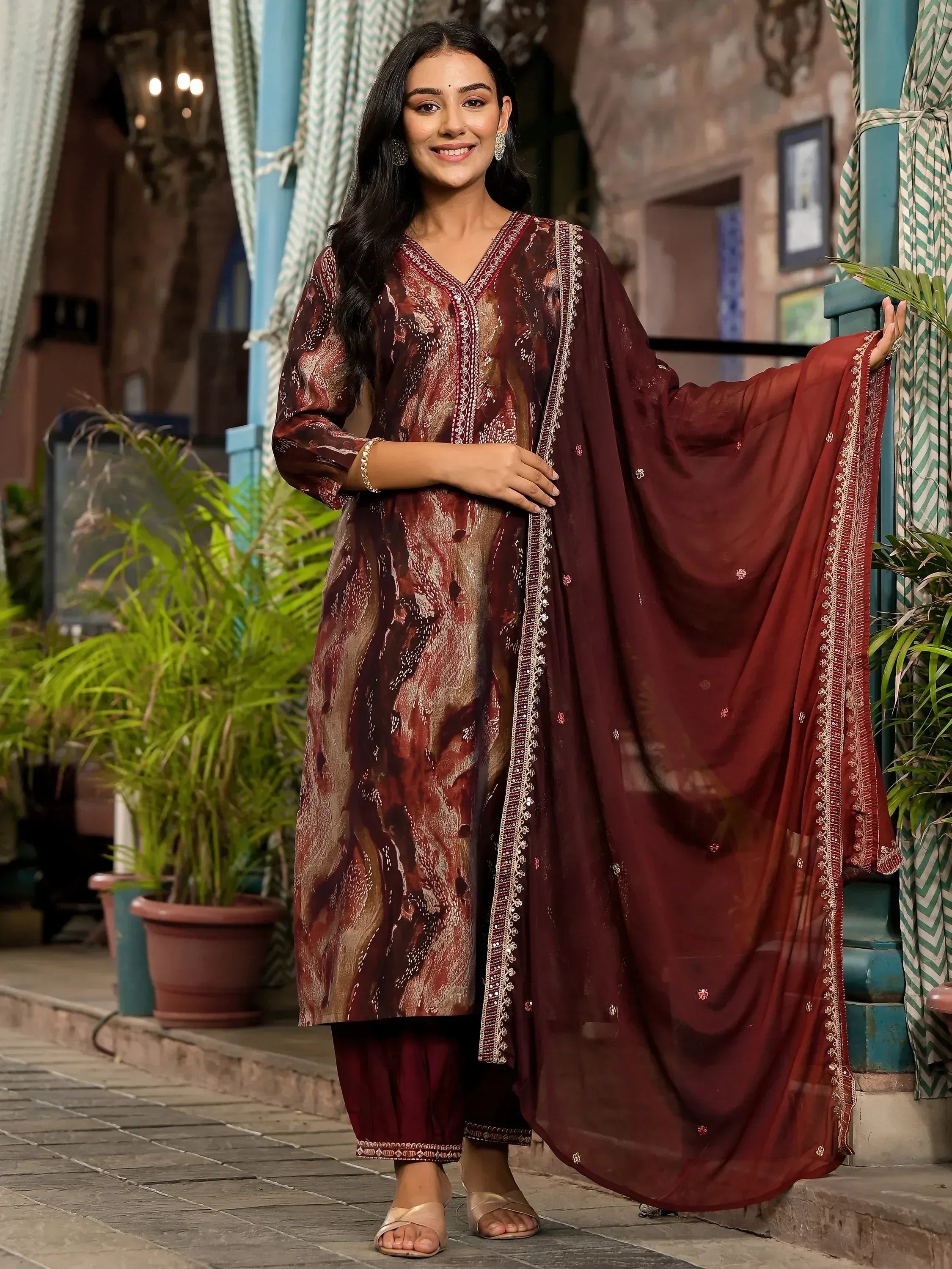 Maroon printed salwar kameez with embroidered dupatta, ethnic Indian wear for women