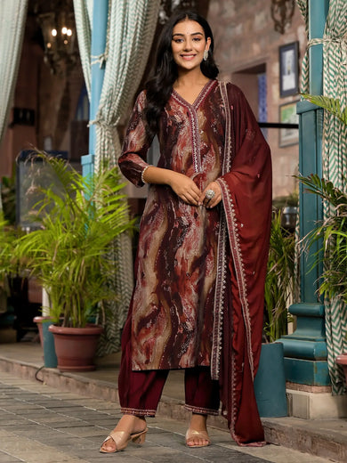 Awesome Maroon Digital Printed Silk Event Wear Pant Suit With Dupatta