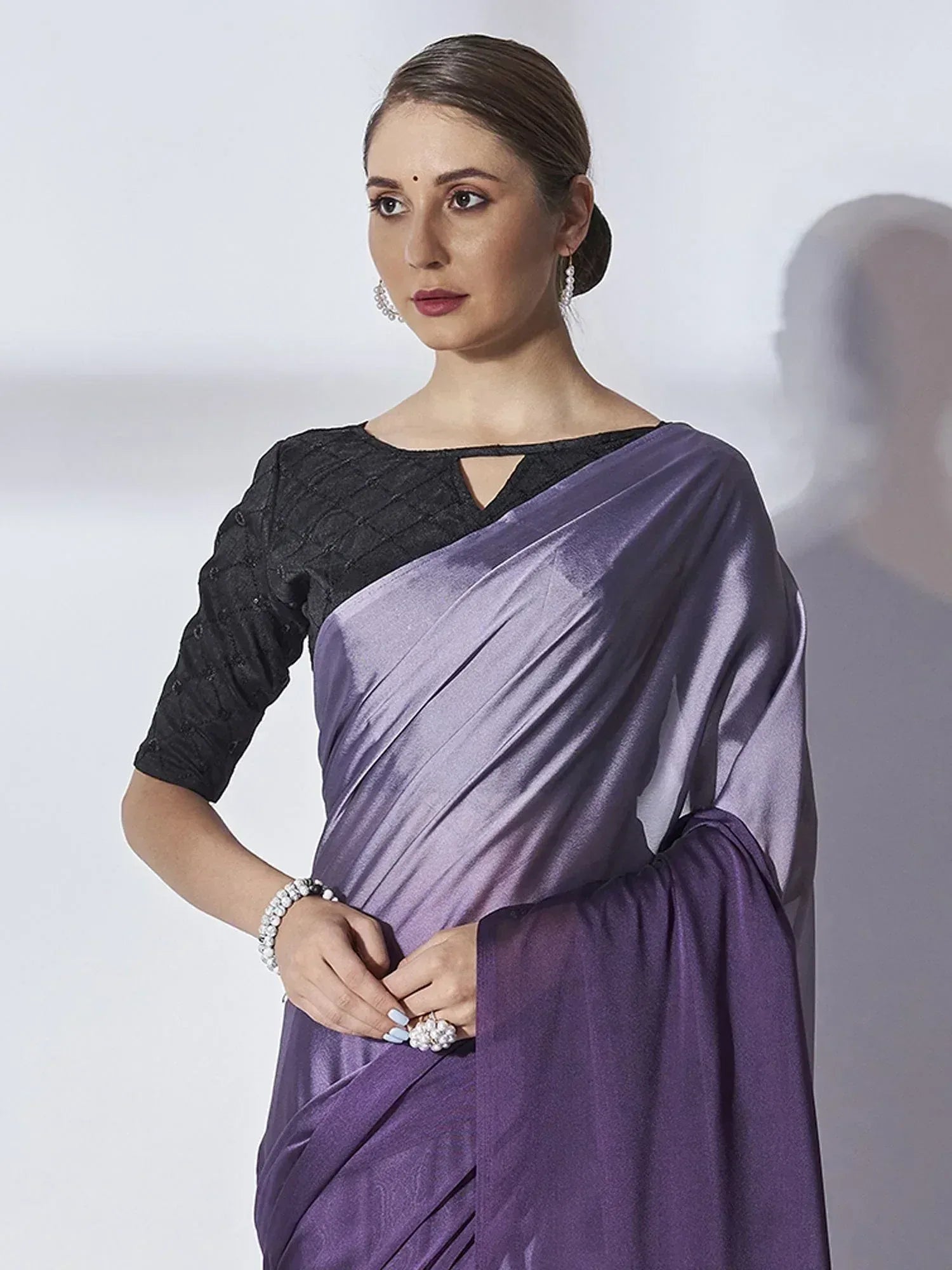 Purple satin saree with black embroidered blouse, elegant Indian ethnic wear for women