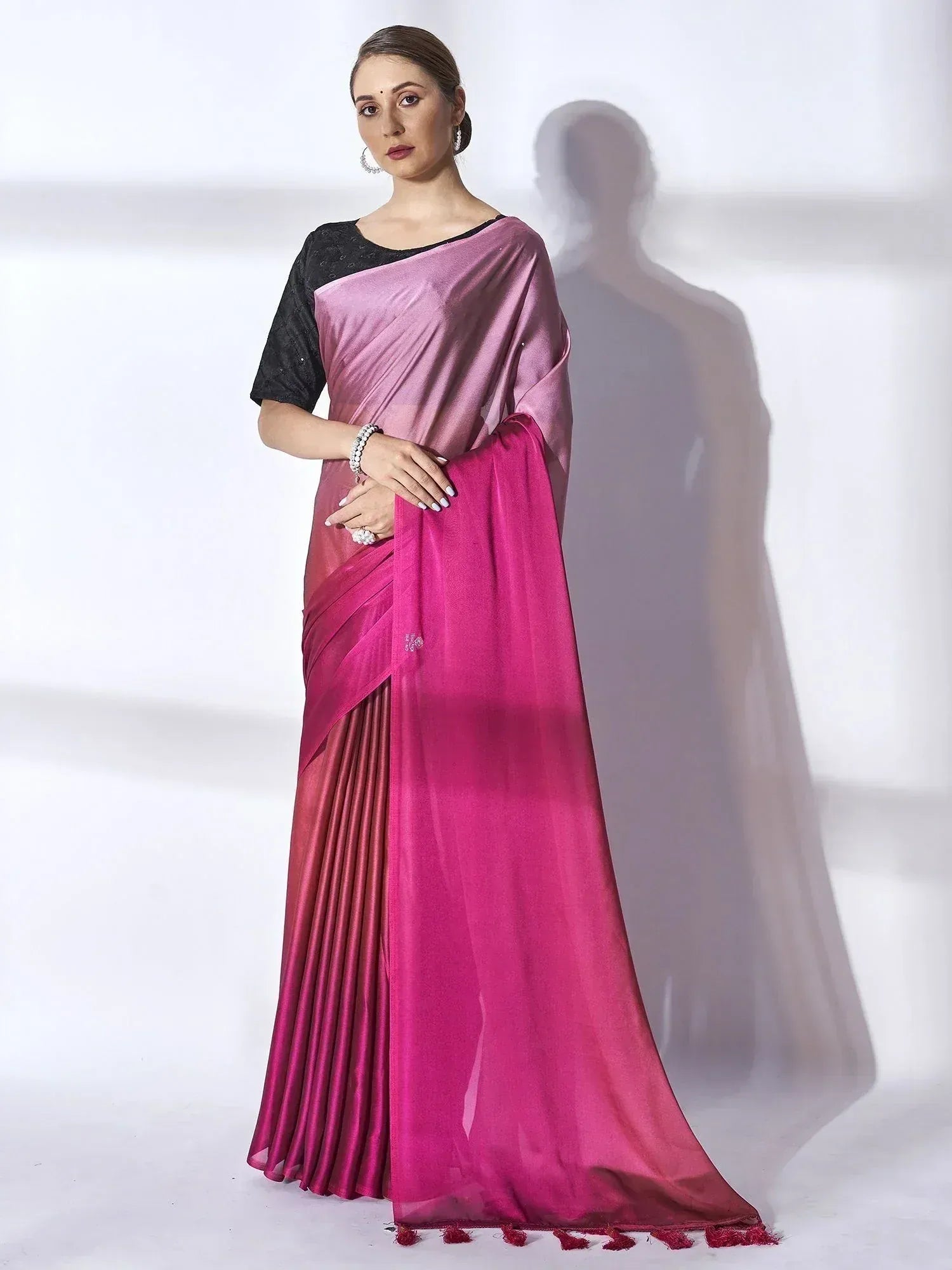 Pink ombre saree with black blouse, elegant Indian ethnic wear for women