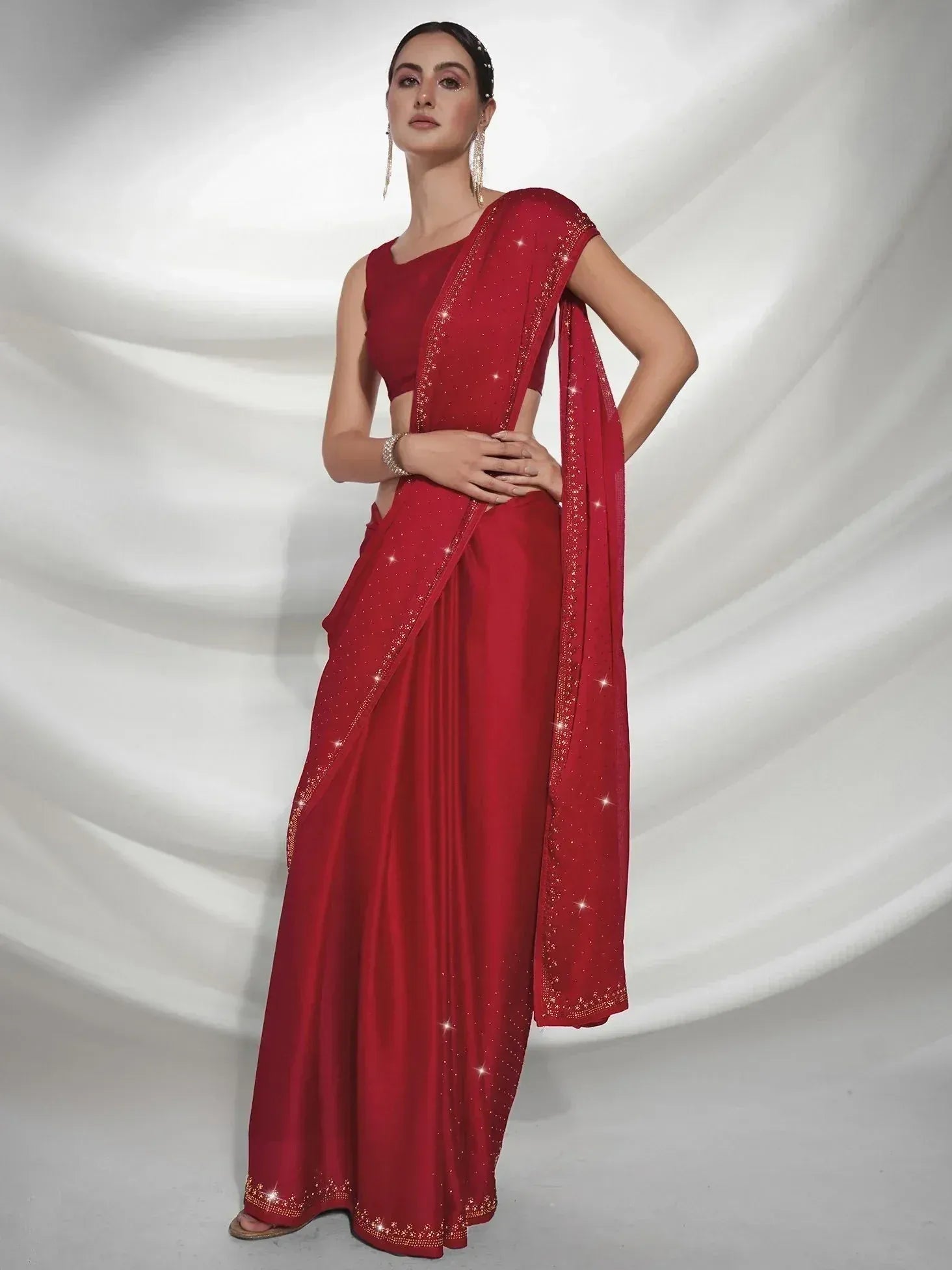 Red designer saree with sequin border, ethnic wear for women, festive Indian attire