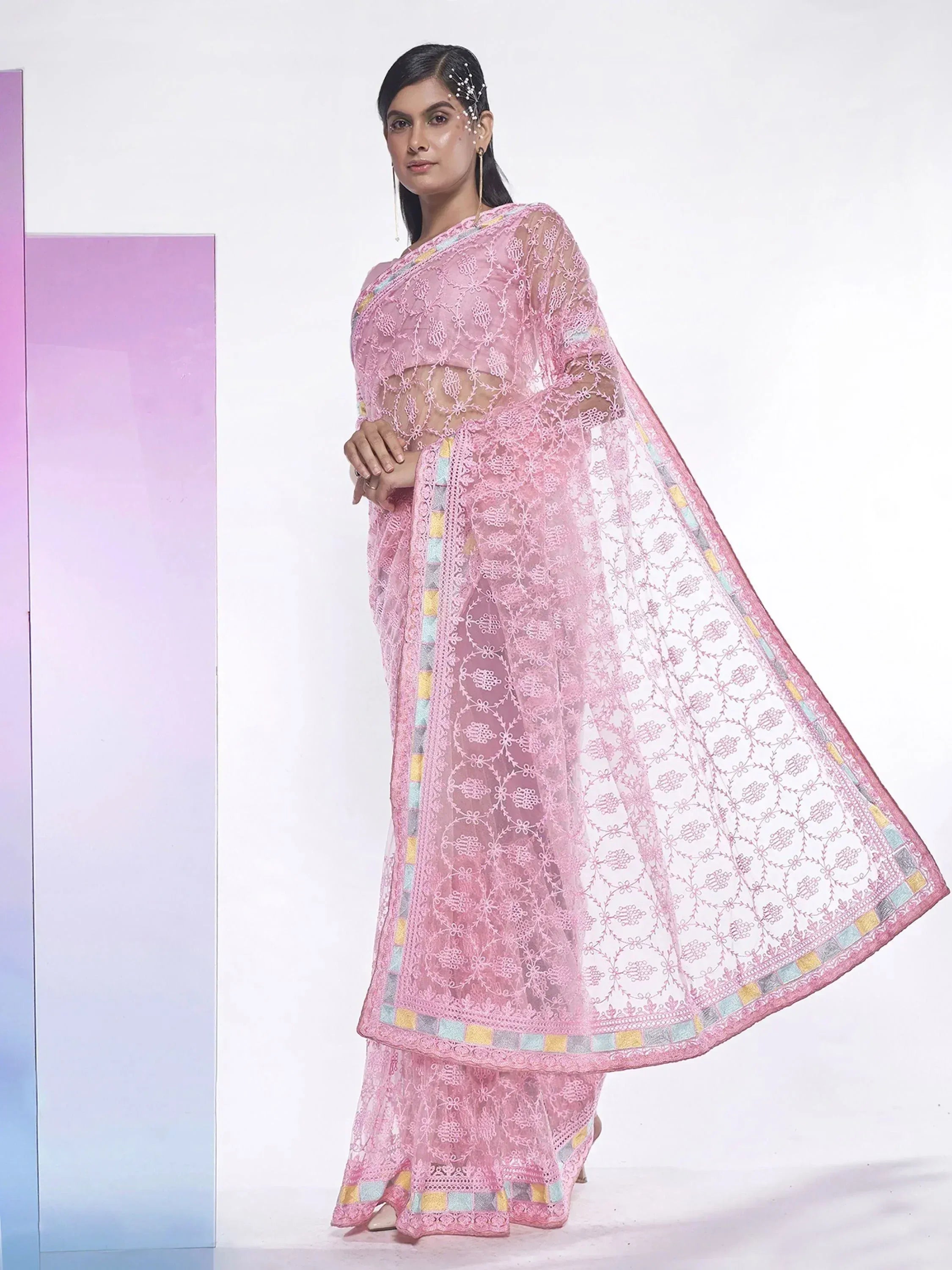 Pink embroidered net saree with colorful border, Indian ethnic wear for women