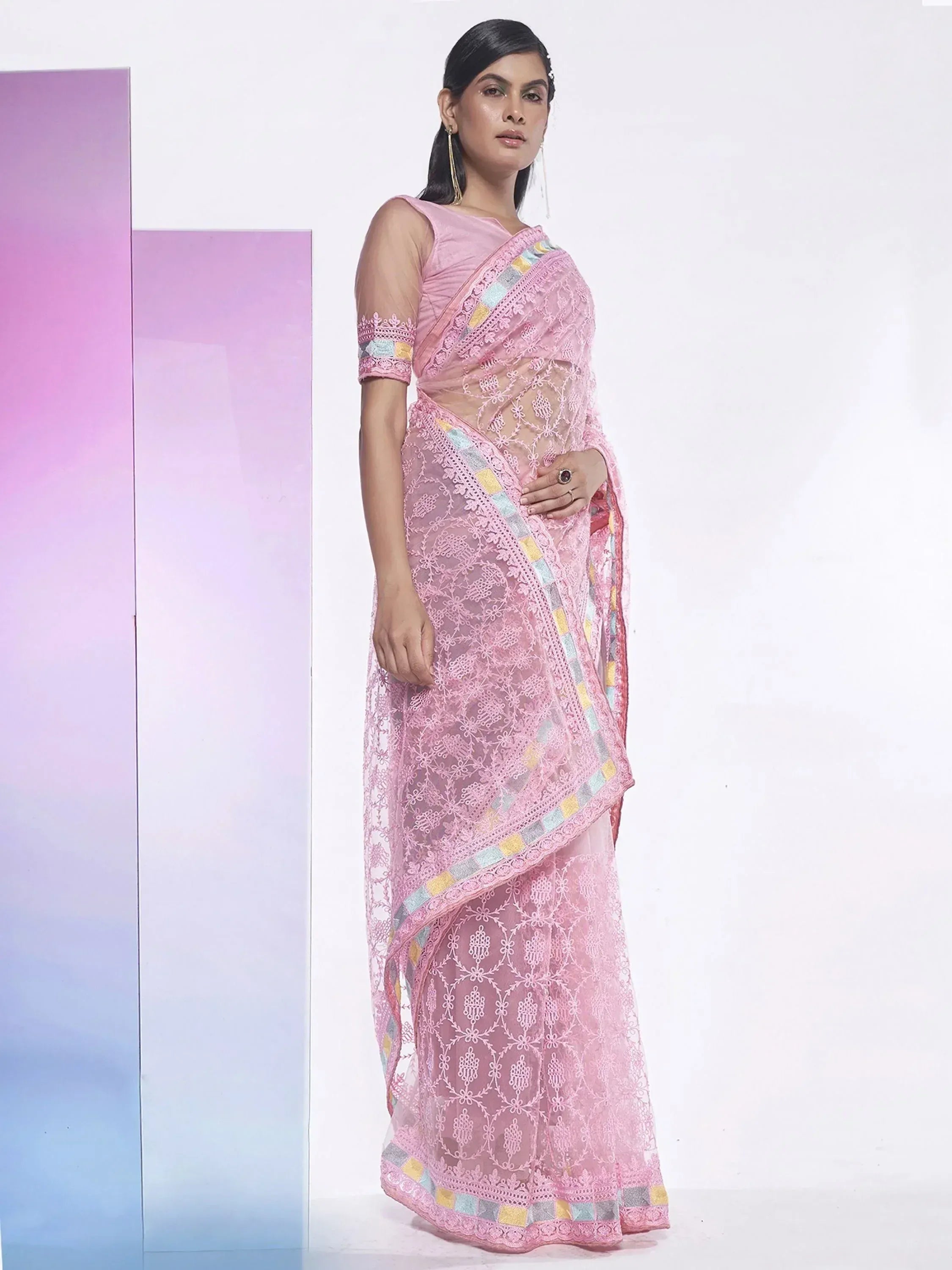 Pink lace saree with colorful border, Indian ethnic wear for women