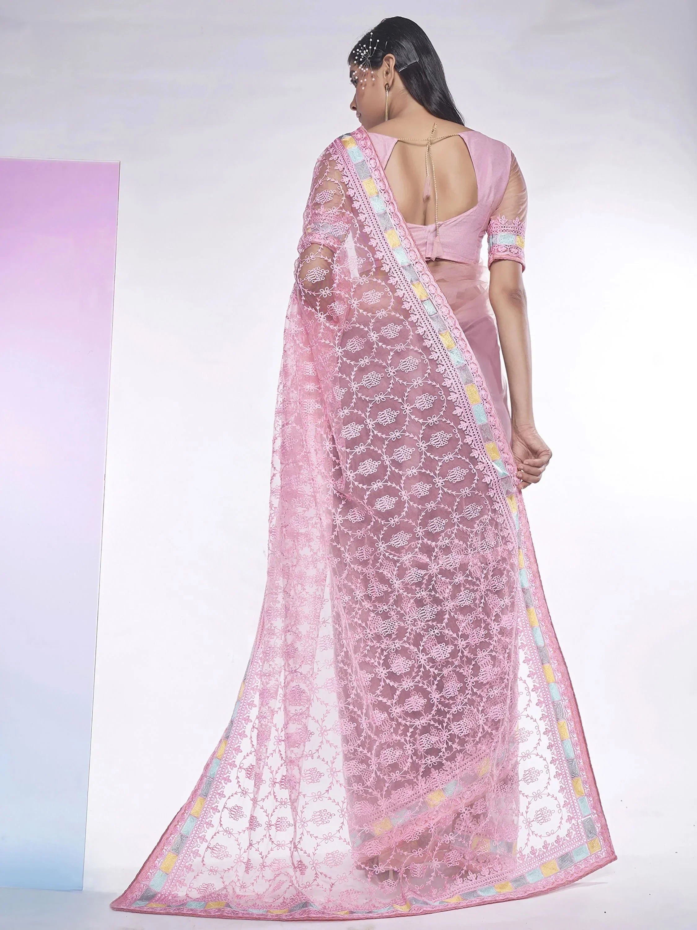 Spectacular Pink Embroidered Net Designer Saree With Blouse