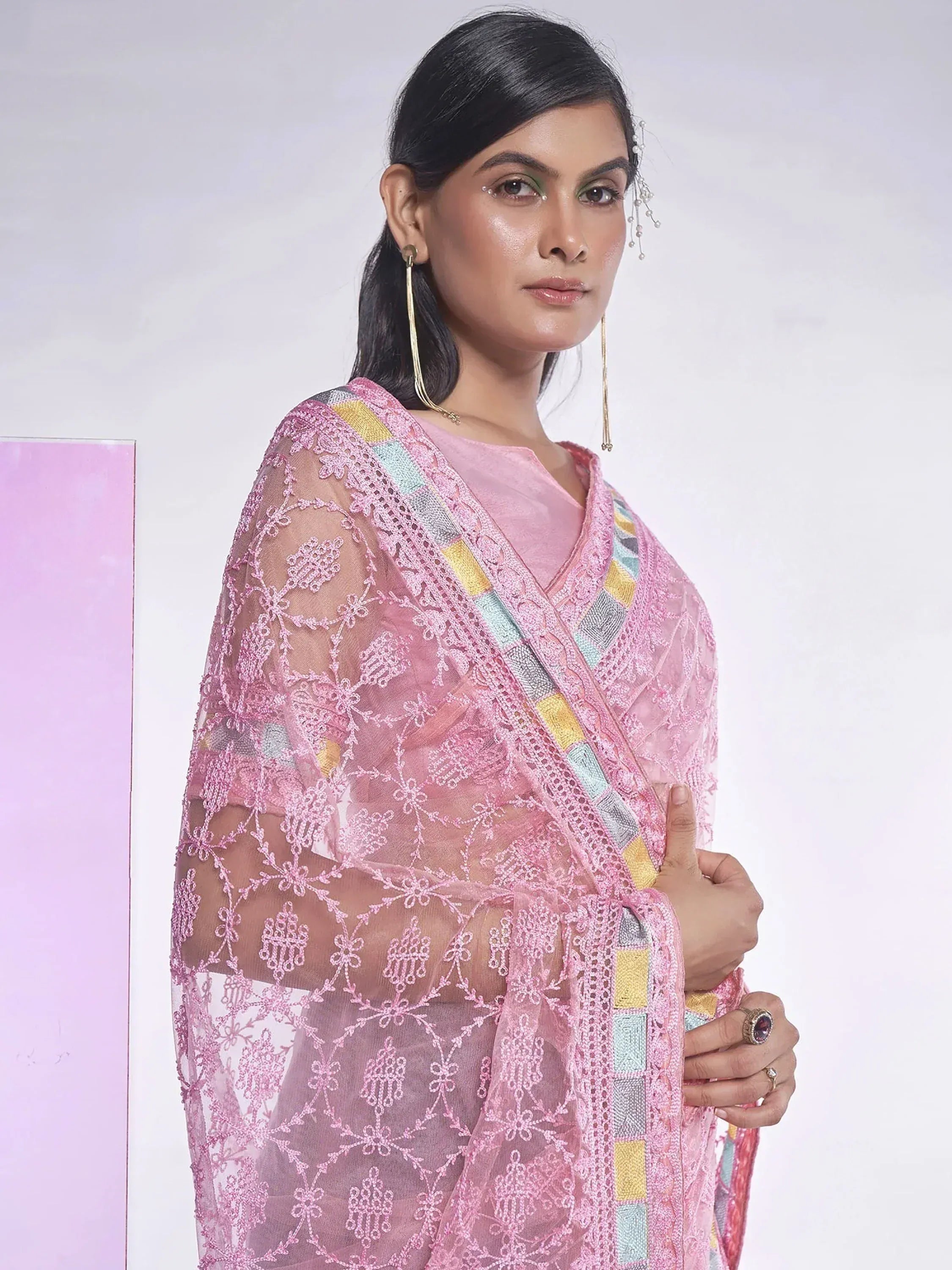 Pink embroidered saree with floral lace and colorful patchwork border, styled with gold earrings for ethnic wear