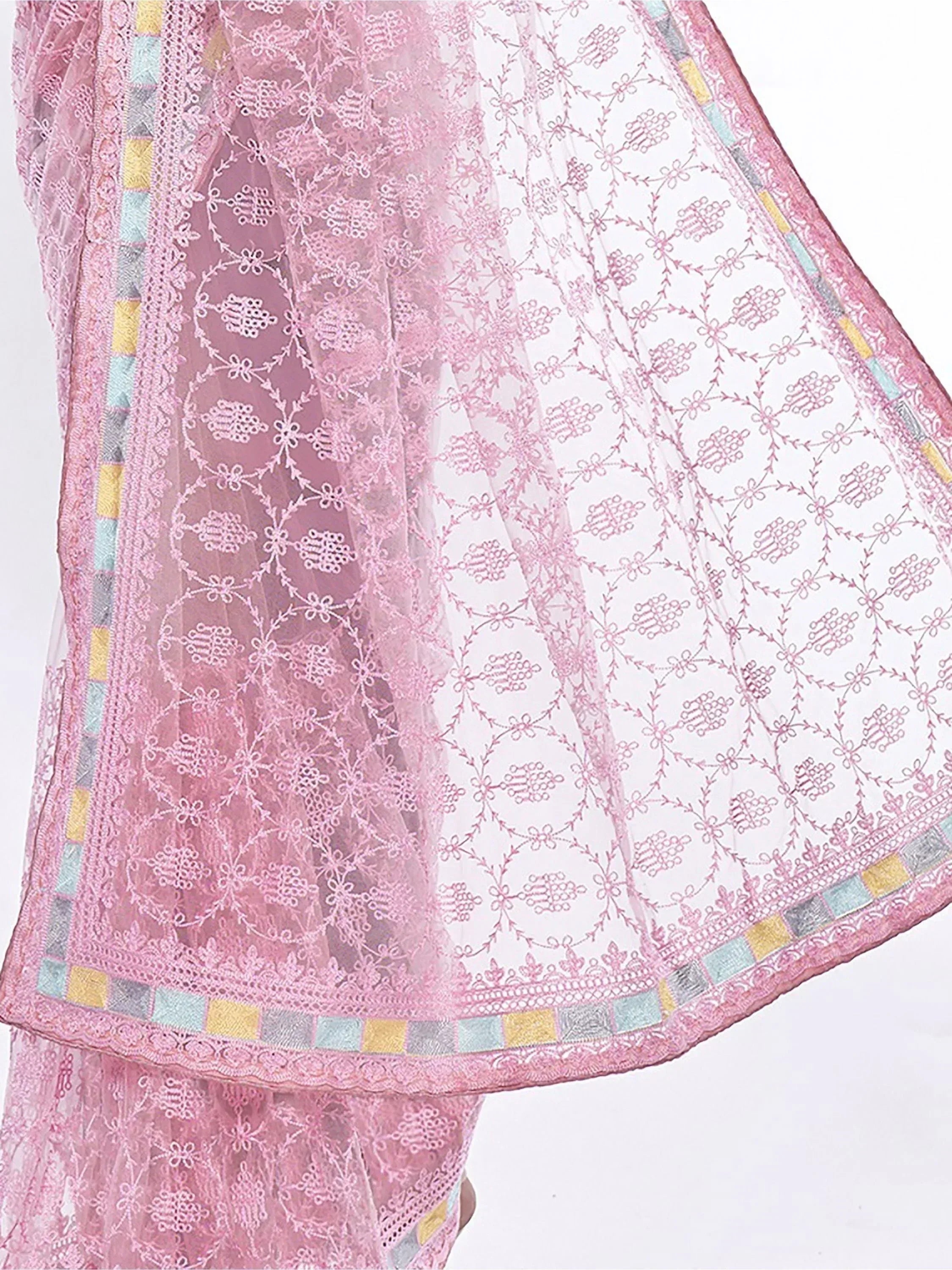 Pink embroidered ethnic gown with floral lace and colorful border detailing