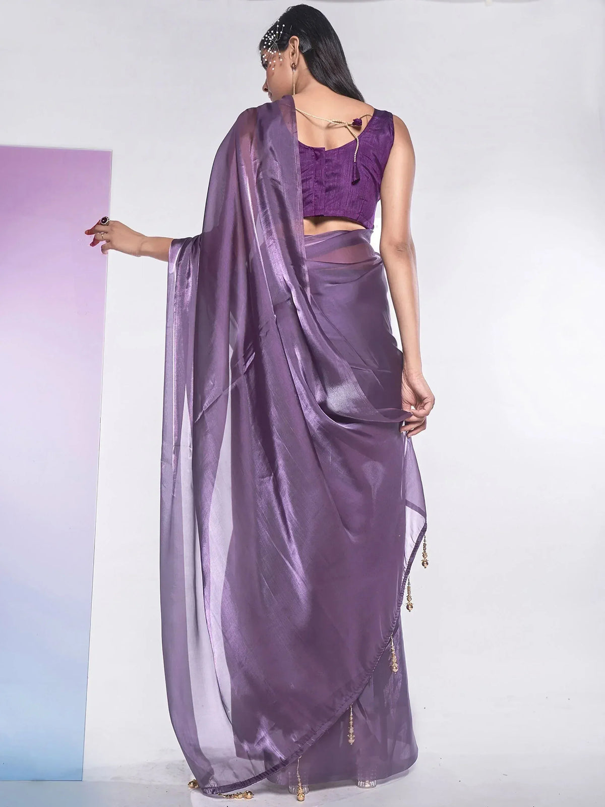 Purple satin saree with matching blouse, back view, ethnic Indian wear