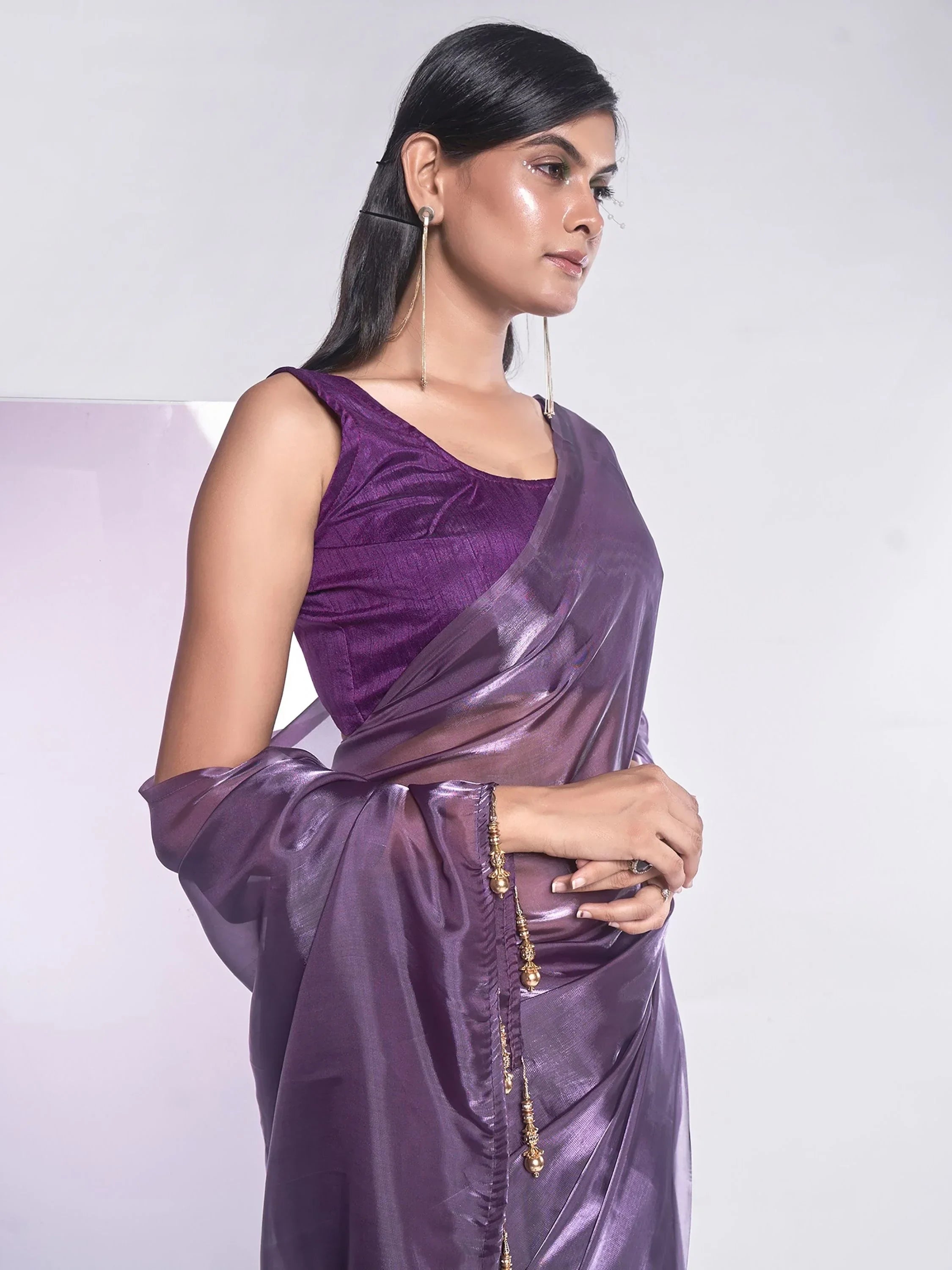 Gorgeous Purple Organza Party Wear Plain Saree With Blouse