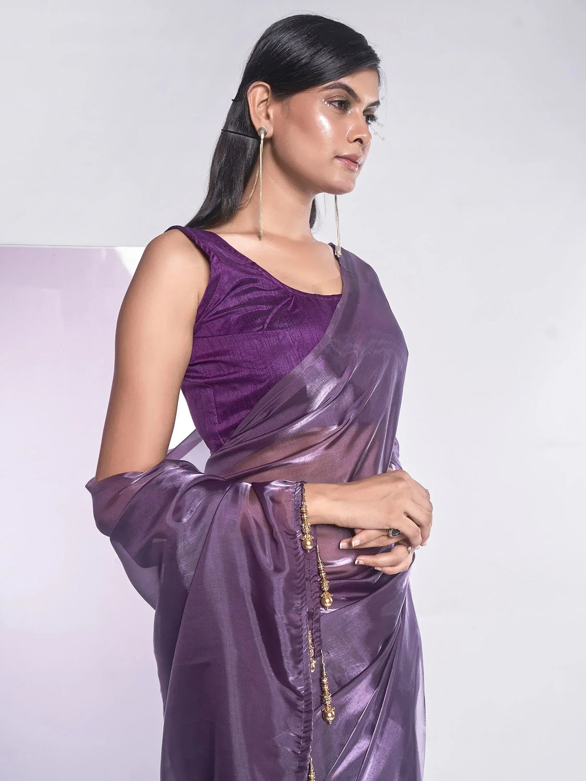Purple satin saree with matching blouse, elegant ethnic wear for women