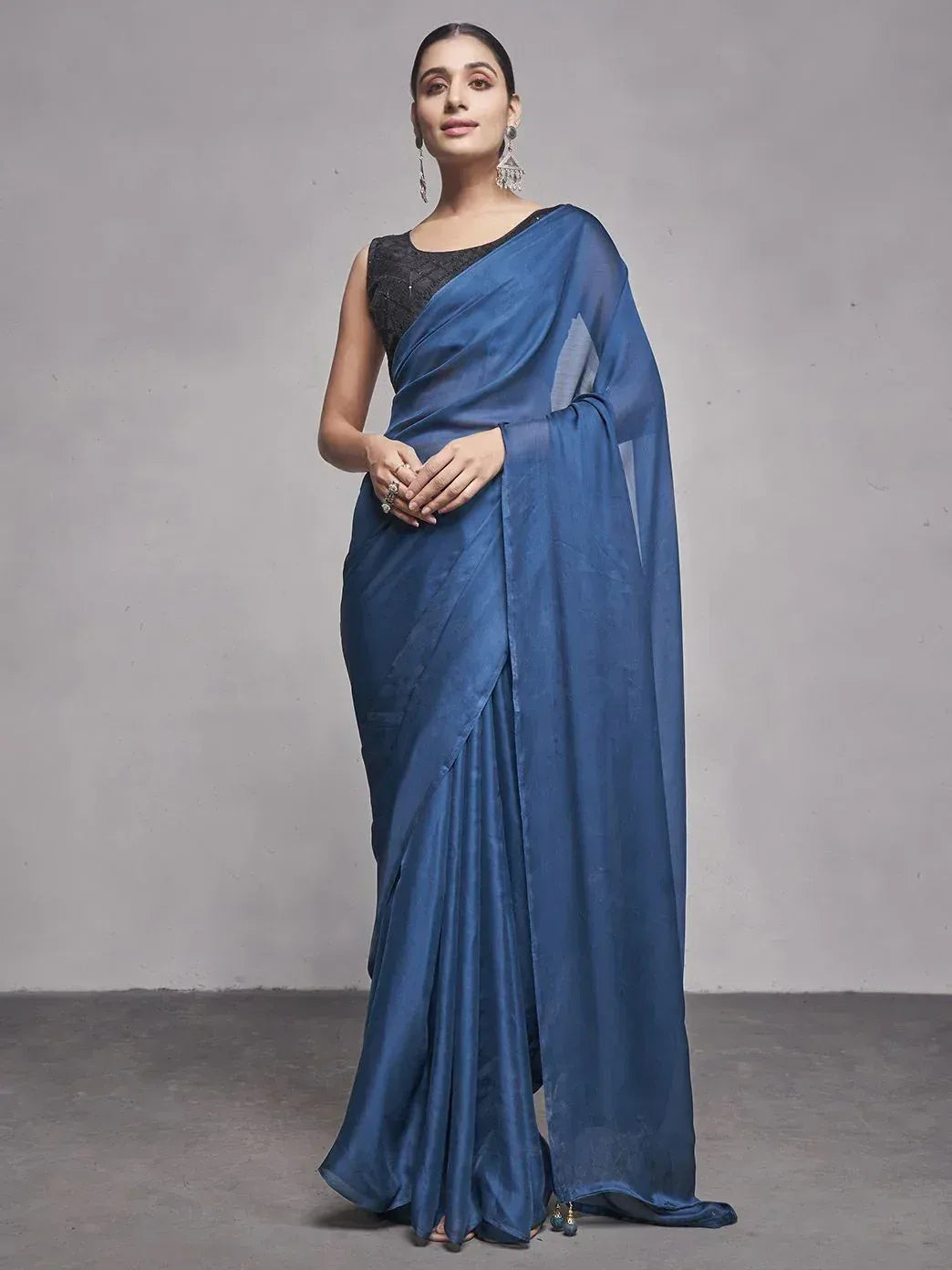 Elegant blue silk saree with black lace blouse, perfect for Indian ethnic occasions