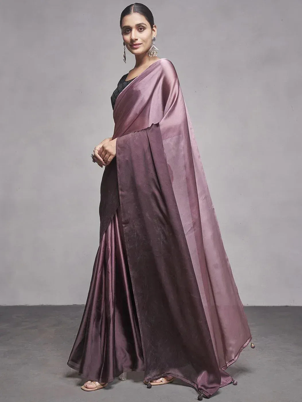 Elegant mauve silk saree with black blouse, perfect for Indian ethnic occasions