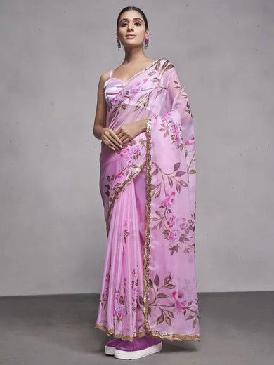 Tantalizing Pink Floral Printed Organza Party Wear Saree With Blouse
