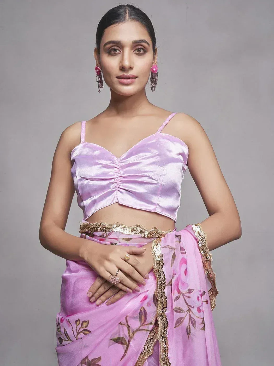 Pink floral saree with sequin border and satin blouse, ethnic Indian wear for women