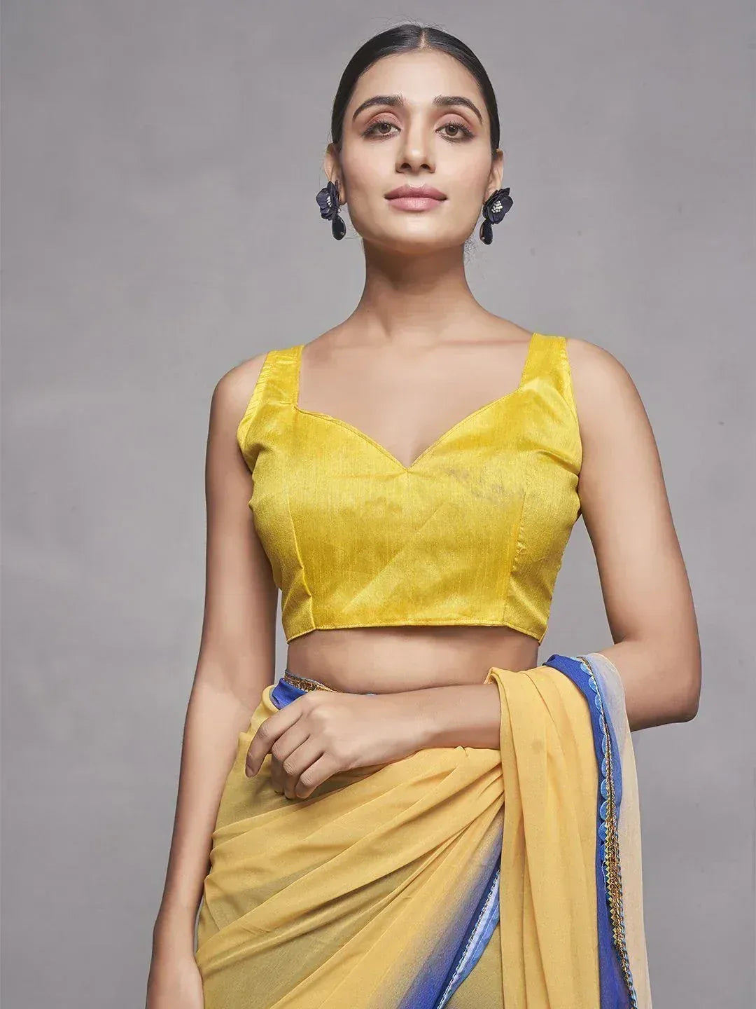 Yellow saree with blue border and matching blouse, Indian ethnic wear