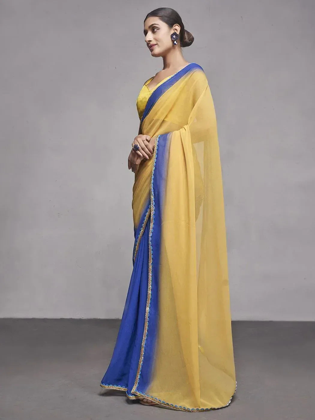 Yellow and blue Indian saree with embroidered border, stylish ethnic wear for women