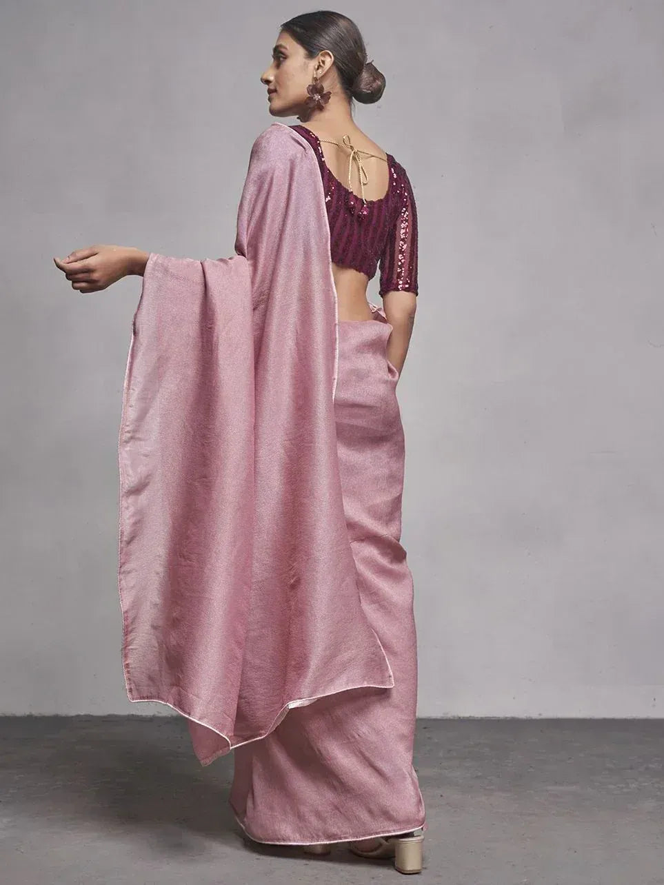 Pink saree with sequined maroon blouse, elegant ethnic wear for women