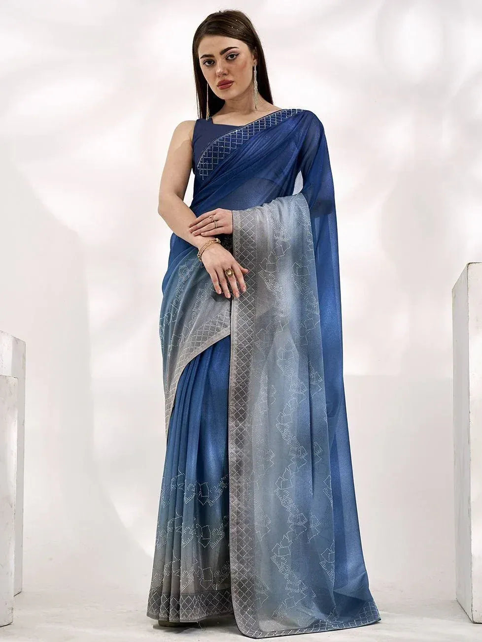 Blue ombre saree with geometric embroidery, stylish Indian ethnic wear for women