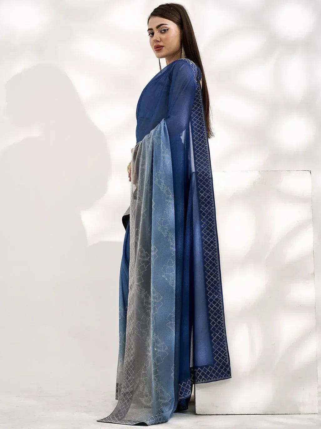 Blue designer saree with geometric embroidery, elegant ethnic wear for women