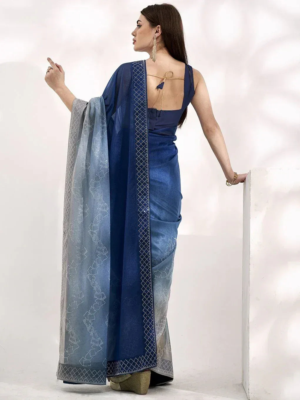 Blue ombre saree with geometric embroidery, backless blouse, ethnic Indian wear