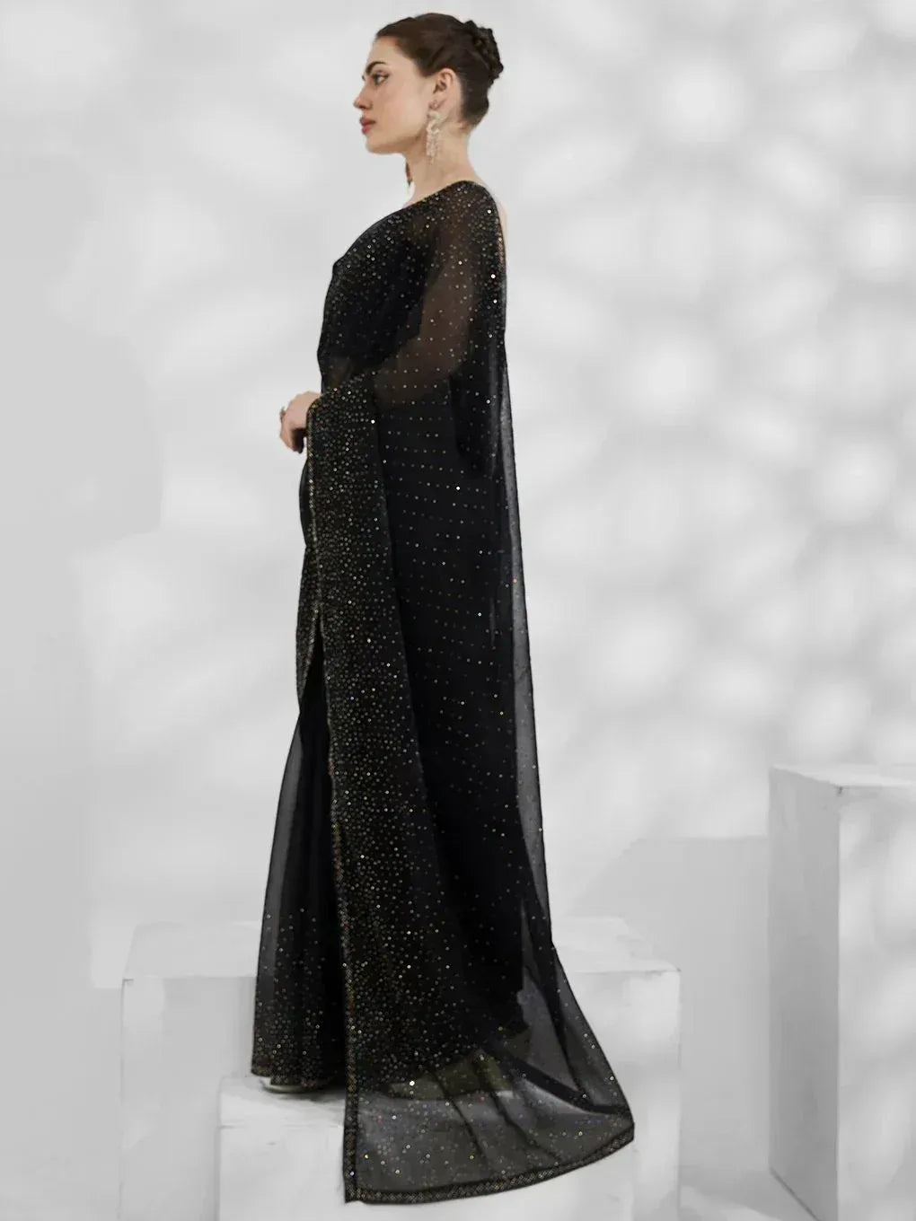 Black sequined ethnic gown with sheer cape, elegant Indian party wear