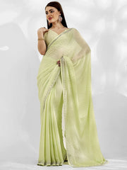 Wonderful Lime Green Swarovski Work Satin Saree With Blouse