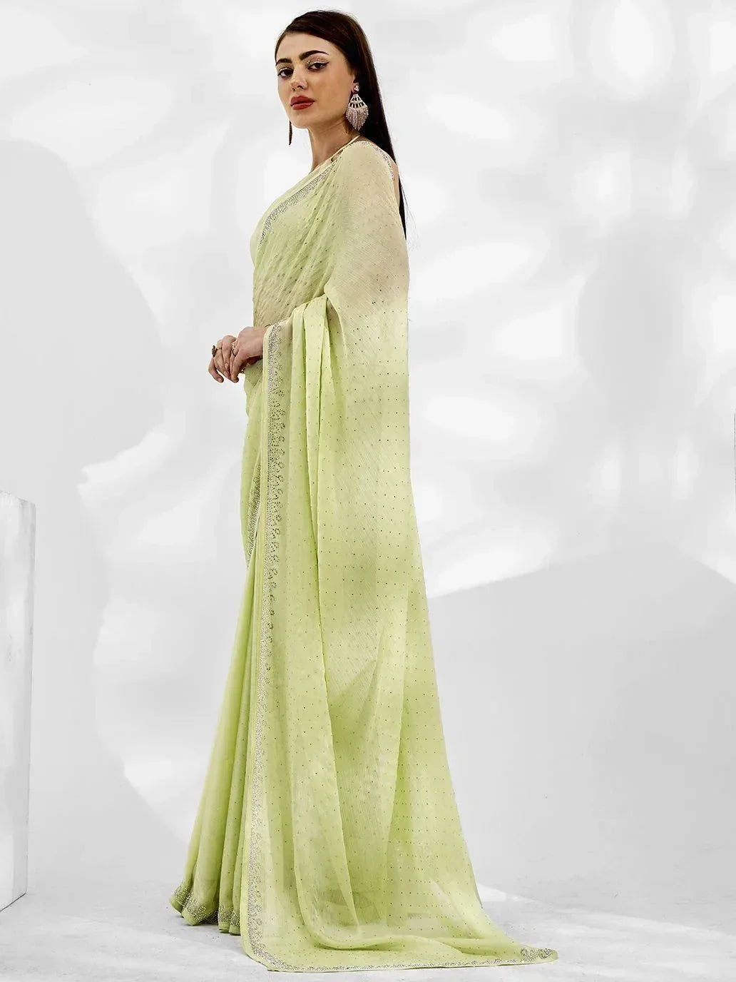 Light green embroidered saree with sequin detailing, perfect for Indian ethnic wear occasions