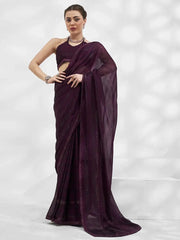 Spectacular Wine Swarovski Work Chiffon Designer Saree With Blouse