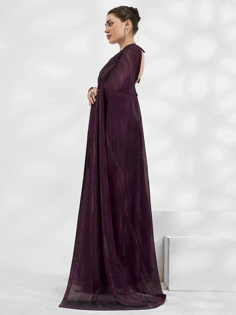 Elegant purple ethnic gown with sheer cape, perfect for Indian weddings and festive occasions