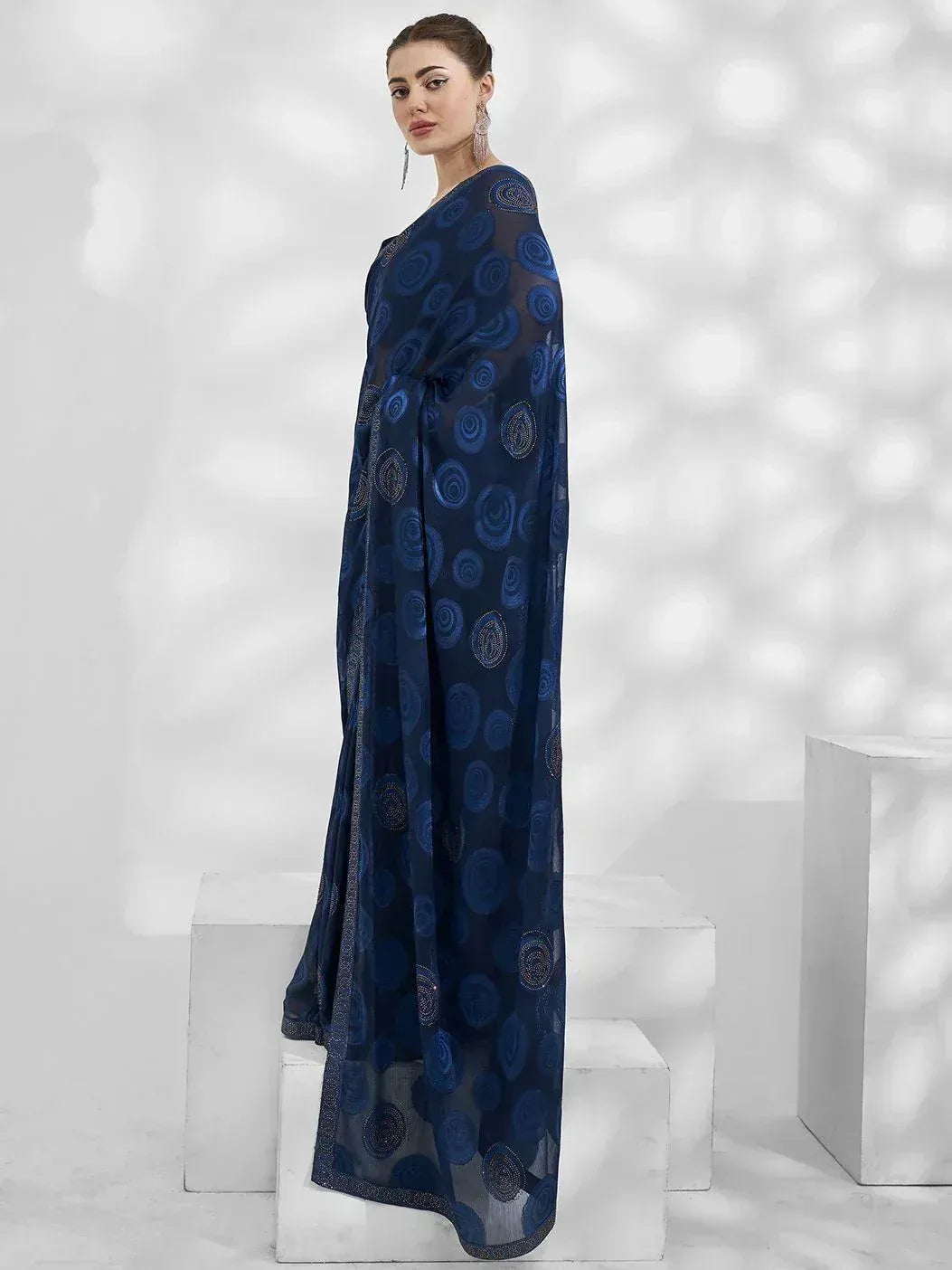 Navy blue designer saree with circular embroidery, elegant ethnic wear for women