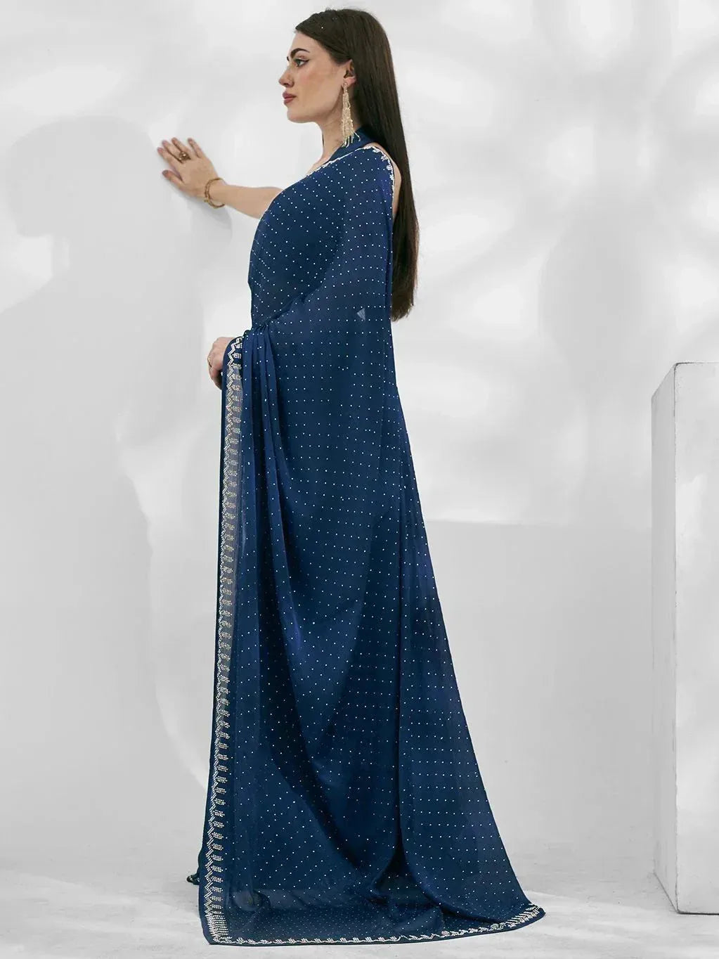 Navy blue polka dot saree with silver border, elegant ethnic wear for women