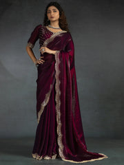 Tantalizing Wine Satin Classic Saree With Jarkan Work Blouse