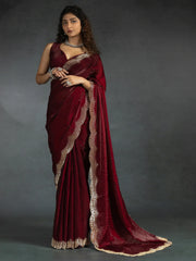 Incredible Maroon Hand Work Satin Wedding Saree With Blouse