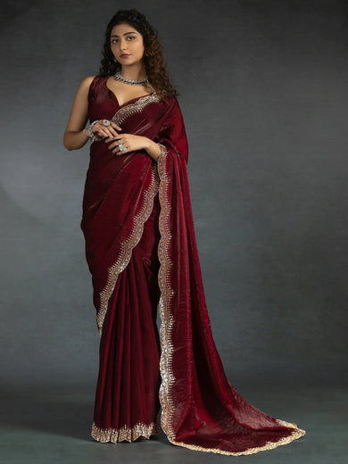 Incredible Maroon Hand Work Satin Wedding Saree With Blouse