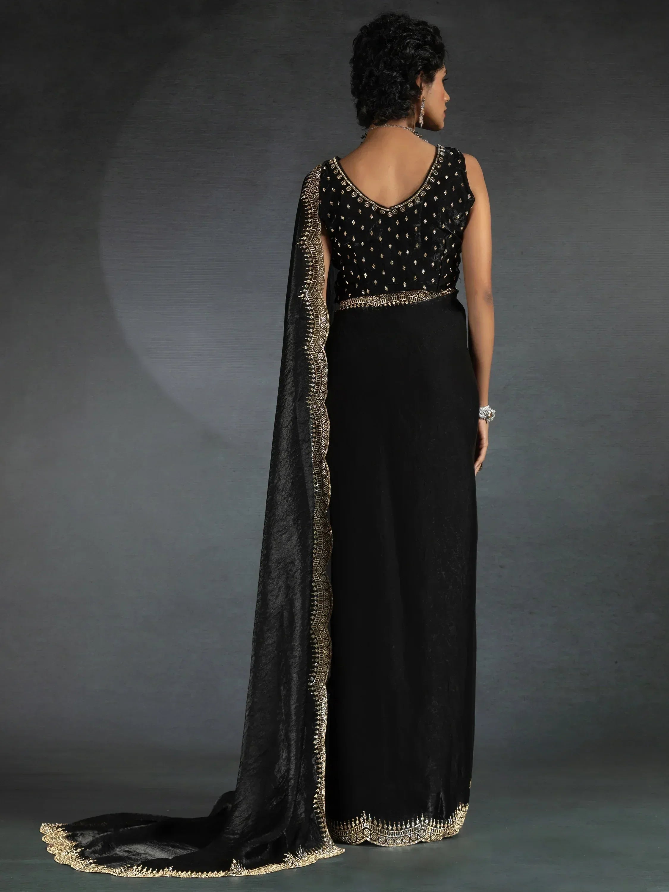 Black ethnic gown with gold embroidery and sheer dupatta for women