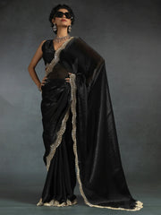 Marvelous Black Border Work Satin Party Wear Saree With Blouse
